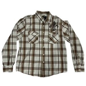 Seven Souls Mens L Western Shirt Rockabilly Embroidery Brown Tan Green Plaid